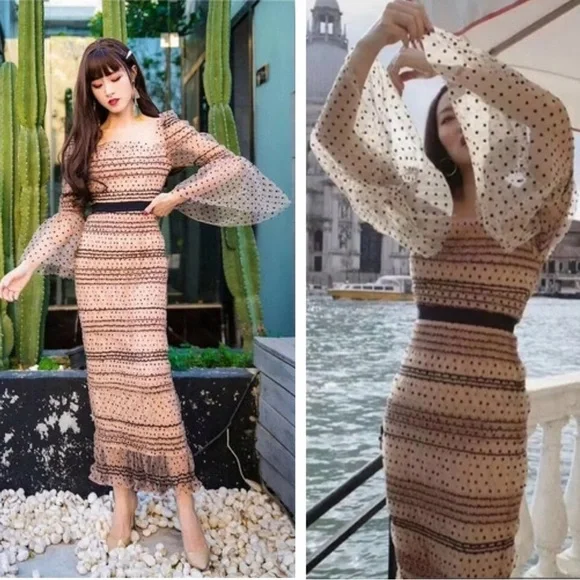 Self-Portrait Shirred Polka Dot Mesh Tulle Cocktail Bodycon Midi Dress size 2 - Picture 1 of 16